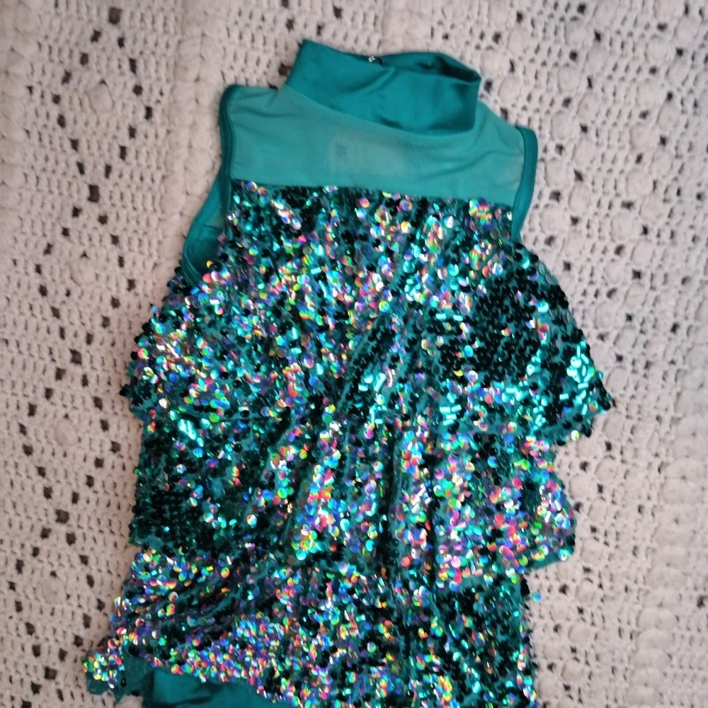 Weissman Dance Costume SC Teal Shimmer Fringe Leotard Recital Competition Sequin